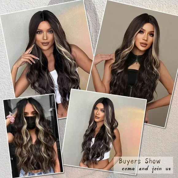 26 Inch  Wavy Ombre Brown Highlights Wig - Picture 6 of 6
